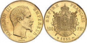 Second Empire / Napoléon III (1852-1870). 100 francs tête nue 1858, BB, Strasbourg.
NGC MS 62 (5744106-006).
Av. NAPOLEON III EMPEREUR. Tête nue à d...