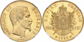 Second Empire / Napoléon III (1852-1870). 100 francs tête nue 1859, BB, Strasbourg.
NGC MS 61 (4092121-006).
Av. NAPOLEON III EMPEREUR. Tête nue à d...