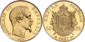 Second Empire / Napoléon III (1852-1870). 50 francs tête nue 1857, A, Paris.
NGC MS 64+ (5774656-003).
Av. NAPOLEON III EMPEREUR. Tête nue à droite,...