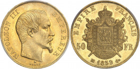 Second Empire / Napoléon III (1852-1870). 50 francs tête nue 1859, BB, Strasbourg.
PCGS MS65 (41371242).
Av. NAPOLEON III EMPEREUR. Tête nue à droit...