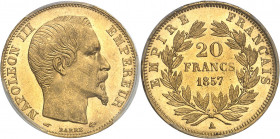 Second Empire / Napoléon III (1852-1870). 20 francs tête nue 1857, A, Paris.
PCGS MS64 (38198423).
Av. NAPOLEON III EMPEREUR. Tête nue à droite, au-...