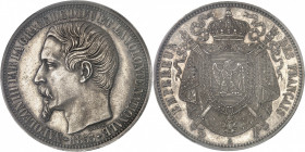 Second Empire / Napoléon III (1852-1870). Essai de 5 francs tête nue, grosse tête, par Barre 1853, A, Paris.
PCGS SP58 (41368536).
Av. NAPOLEON III ...