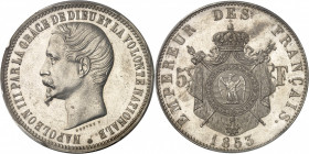Second Empire / Napoléon III (1852-1870). Essai de 5 francs tête nue par Bouvet 1853, Paris.
PCGS SP61 (34174776).
Av. NAPOLEON III PAR LA GRACE DE ...