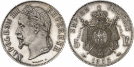 Second Empire / Napoléon III (1852-1870). Essai de 5 francs tête laurée par Bouvet 1853, Paris.
NGC PF 63 CAMEO (5782533-003).
Av. NAPOLEON III EMPE...
