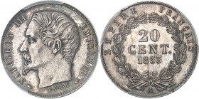Second Empire / Napoléon III (1852-1870). Essai de 20 centimes tête nue, grosse tête, frappe Specimen 1853, A, Paris.
PCGS SP64 (42483678).
Av. NAPO...