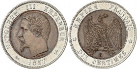 Second Empire / Napoléon III (1852-1870). 10 centimes tête nue, flan bimétallique 1857, B, Rouen.
NGC MS 63 BN (5782534-026).
Av. NAPOLEON III EMPER...