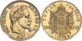 Second Empire / Napoléon III (1852-1870). 100 francs tête laurée 1870, A, Paris.
NGC MS 62 (2727488-006).
Av. NAPOLEON III EMPEREUR. Tête laurée à d...