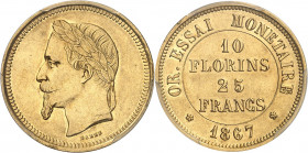 Second Empire / Napoléon III (1852-1870). Essai de 25 francs - 10 florins tête laurée par Barre 1867, Paris.
PCGS SP55 (37778565).
Av. Tête laurée à...