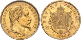 Second Empire / Napoléon III (1852-1870). 20 francs tête laurée 1865, A, Paris.
PCGS MS64+ (17254361).
Av. NAPOLEON III EMPEREUR. Tête laurée à droi...