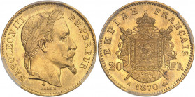 Second Empire / Napoléon III (1852-1870). 20 francs tête laurée 1870, A, Paris.
PCGS MS65+ (41821018).
Av. NAPOLEON III EMPEREUR. Tête laurée à droi...