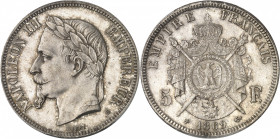 Second Empire / Napoléon III (1852-1870). 5 francs tête laurée, petit BB 1869, BB, Strasbourg.
PCGS MS64 (34441850).
Av. NAPOLEON III EMPEREUR. Tête...