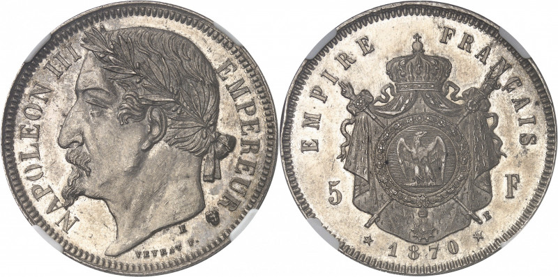 Second Empire / Napoléon III (1852-1870). Essai de 5 francs tête laurée par Veyr...