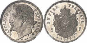 Second Empire / Napoléon III (1852-1870). Essai de 5 francs tête laurée par Veyrat 1870, E, Paris ou Bruxelles ?
NGC MS 62 (2740366-010).
Av. NAPOLE...