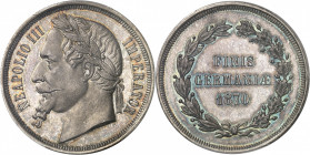 Second Empire / Napoléon III (1852-1870). Médaille monétiforme satirique au module de 5 francs, tranche striée 1870.
PCGS SP65 (41821046).
Av. NEAPO...