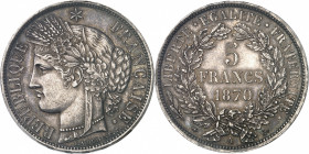 Gouvernement de Défense Nationale (1870-1871). 5 francs Cérès, avec légende 1870, A, Paris.
PCGS MS63 (41297682).
Av. RÉPUBLIQUE FRANÇAISE. Tête de ...