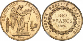 IIIe République (1870-1940). 100 francs Génie 1896, A, Paris.
NGC MS 62 (4475902-002).
Av. RÉPUBLIQUE FRANÇAISE. Génie ailé de la République debout ...