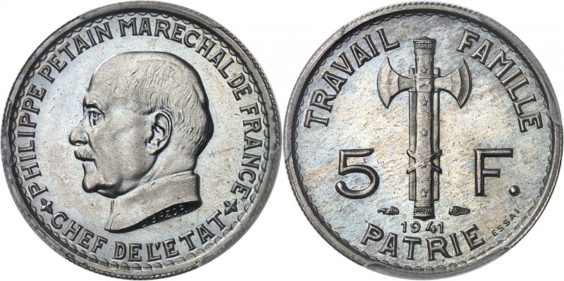 État Français (1940-1944). Essai de 5 francs Pétain, type adopté en cupro-nickel...