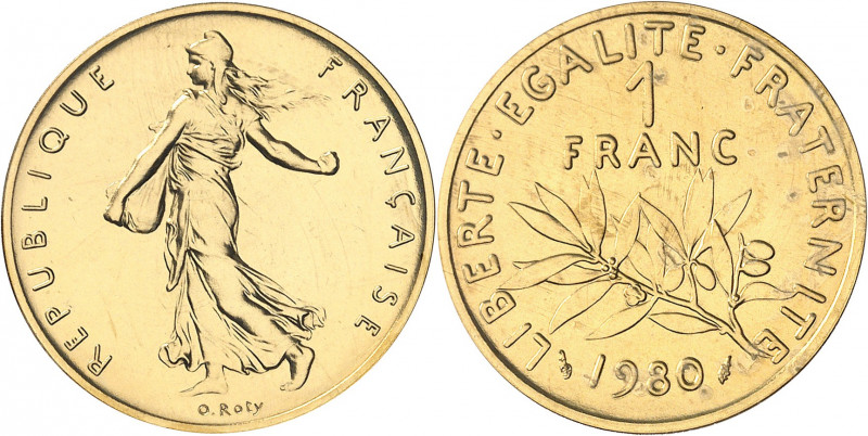 Ve République (1958 à nos jours). Piéfort de 1 franc Semeuse en Or 1980, Pessac....