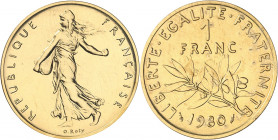Ve République (1958 à nos jours). Piéfort de 1 franc Semeuse en Or 1980, Pessac.

Av. REPUBLIQUE FRANÇAISE. La Semeuse à gauche, avec le soleil leva...