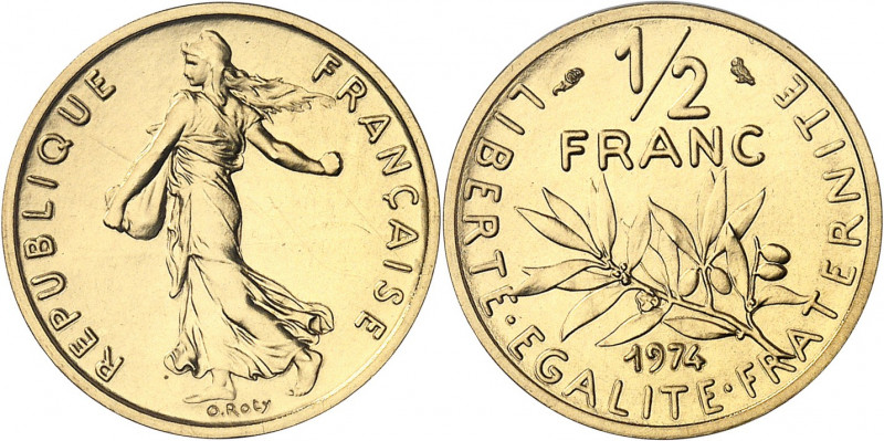 Ve République (1958 à nos jours). Piéfort de 1/2 franc Semeuse, Flan bruni (PROO...