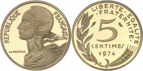 Ve République (1958 à nos jours). Piéfort de 5 centimes Marianne, Flan bruni (PROOF) 1974, Paris.
PCGS SP68 (41372454).
Av. RÉPUBLIQUE FRANÇAISE. Bu...