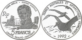 Terres Australes et Antarctiques Françaises. Piéfort de 5 francs Dumont d’Urville en argent, Flan bruni (PROOF) 1992, Pessac.
PCGS SP68 (41372441).
...