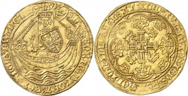 Henri VI d'Angleterre (1422-1453). Noble d’or, 1ère émission à l’annelet ND (1422-1430), Londres.

Av. HENRIC (lis) DI’. GRA’. REX. ANGL'. Z. FRANC'...