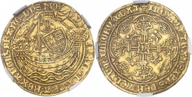 Henri VI d'Angleterre (1422-1453). Noble d’or, au drapeau, 1ère émission à l’annelet ND (1422-1430), Calais.
NGC AU 55 (5781461-026).
Av. HENRIC (li...