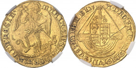 Marie Tudor (1553-1558). Ange d’or, classe I ND (1553-1554), Londres.
NGC MS 61 (5780846-019).
Av. MARIA: (différent): D: G: ANG: FRA: Z: HIB: REGIN...