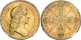 Charles II (1660-1685). 5 guinées 1679, Londres.
NGC MS 61 (6066350-007).
Av. CAROLUS. II. DEI. GRATIA. Buste du Roi à droite, la tête laurée. 
Rv....