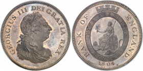 Georges III (1760-1820). Essai du dollar, Banque d’Angleterre, Flan bruni (PROOF) 1804, Londres.
PCGS PR66BN (42484285).
Av. GEORGIUS III DEI GRATIA...