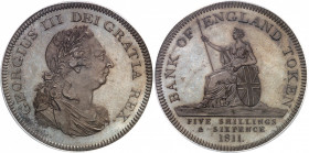 Georges III (1760-1820). Essai du dollar [5 shillings 6 deniers], Banque d’Angleterre, Flan bruni (PROOF) 1811, Londres.
PCGS PR65BN (42484286).
Av....