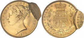 Victoria (1837-1901). Souverain, coin #11, double frappe, la seconde décalée de 85 % 1863, Londres.
NGC MS 66 (1741438-002).
Av. VICTORIA DEI GRATIA...