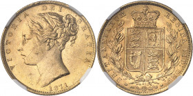 Victoria (1837-1901). Souverain, signature WW en relief, coin #27 1871, Londres.
NGC MS 65 (5951171-004).
Av. VICTORIA DEI GRATIA. Tête diadémée à g...