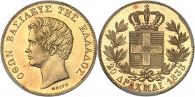 Othon Ier (1832-1862). 20 drachmes 1833, Munich.
PCGS MS64 (41820816).
Av. Légende OTHON ROI DES HELLÈNES. Tête nue à gauche, signature VOIGT. 
Rv....