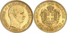 Georges Ier (1863-1913). 20 drachmes Or 1884, A, Paris.
NGC MS 62+ (5782534-018).
Av. Légende en grec. Tête nue à droite de Georges Ier ; au-dessous...