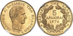 Georges Ier (1863-1913). 5 drachmes Or 1876, A, Paris.
NGC MS 68 (5895265-001).
Av. Légende en grec. Tête nue à droite de Georges Ier ; au-dessous s...