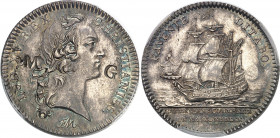 Louis XV (1715-1774). Jeton de 30 sous contremarqué MG pour Marie-Galante par Roëttiers ND (1754), Paris.
PCGS AU55 (Lec.45b par erreur) (42254760)....