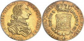Charles III (1759-1788). 8 escudos “à la tête de rat” 1768 G, G, Guatemala.
PCGS AU58+ (42254427).
Av. CAROLUS. III. D. G. HISP. ET. IND. REX. Buste...