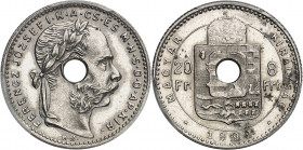 François-Joseph Ier (1848-1916). Essai de 20 francs / 8 forint, avec perforation centrale 1892, KB, Kremnitz.
PCGS MS65 (29487962).
Av. FERENCZ JOZS...