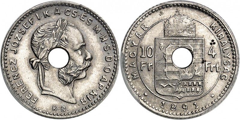 François-Joseph Ier (1848-1916). Essai de 10 francs / 4 forint, avec perforation...
