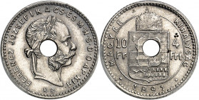 François-Joseph Ier (1848-1916). Essai de 10 francs / 4 forint, avec perforation centrale 1891, KB, Kremnitz.
PCGS MS64 (29487963).
Av. FERENCZ JOZS...