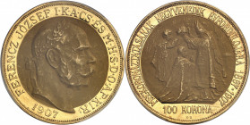 François-Joseph Ier (1848-1916). 100 kronen, 40e anniversaire du couronnement à Budapest 1907, Kremnitz.
PCGS MS63 (41817926).
Av. FERENCZ JOZSEF I....