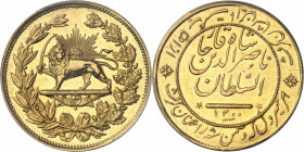 Nassereddine Shah (1848-1896). Médaille de bravoure au module de 5 tomans AH 1300 (1883), Téhéran.
PCGS UNC Detail - Cleaned (40602574).
Av. Le Lion...