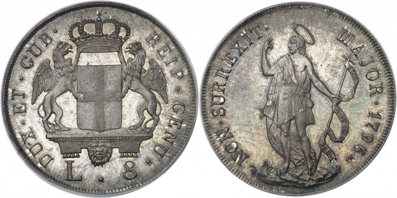 Gênes, République (1528-1797). 8 lire 1796, Gênes.
PCGS MS66 (82998636).
Av. D...