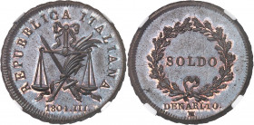 Lombardie, République italienne (1802-1805). Essai de soldo 1804 - AN III, M, Milan.
NGC PF 66+ BN (5883927-045).
Av. REPUBLICA ITALIANA. Épée et pa...