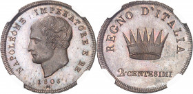 Milan, royaume d’Italie, Napoléon Ier (1805-1814). Essai de 2 centesimi à la tranche rubannée, Flan bruni (PROOF) 1806, M, Milan.
NGC PF 64 BN (27326...