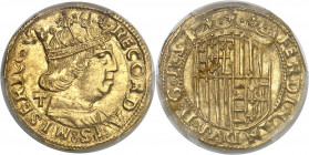 Naples et Sicile, Ferdinand Ier d’Aragon (1458-1494). Ducat ND (1458-1494) T, Naples.
PCGS MS63 (40848034).
Av. RECORDATS. MISERIC. SV. Buste cuiras...