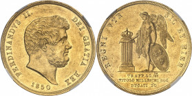 Naples et Deux-Siciles, Ferdinand II (1830-1859). 30 ducats 1850, Naples.
NGC MS 60 (5882529-009).
Av. FERDINANDVS II. DEI GRATIA. Tête nue à droite...