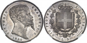 Savoie-Sardaigne, Victor-Emmanuel II (1849-1861). 5 lire 1860, Bologne.
NGC MS 62 (4863705-001).
Av. VITTORIO EMANUELE II (date). Tête nue à droite,...